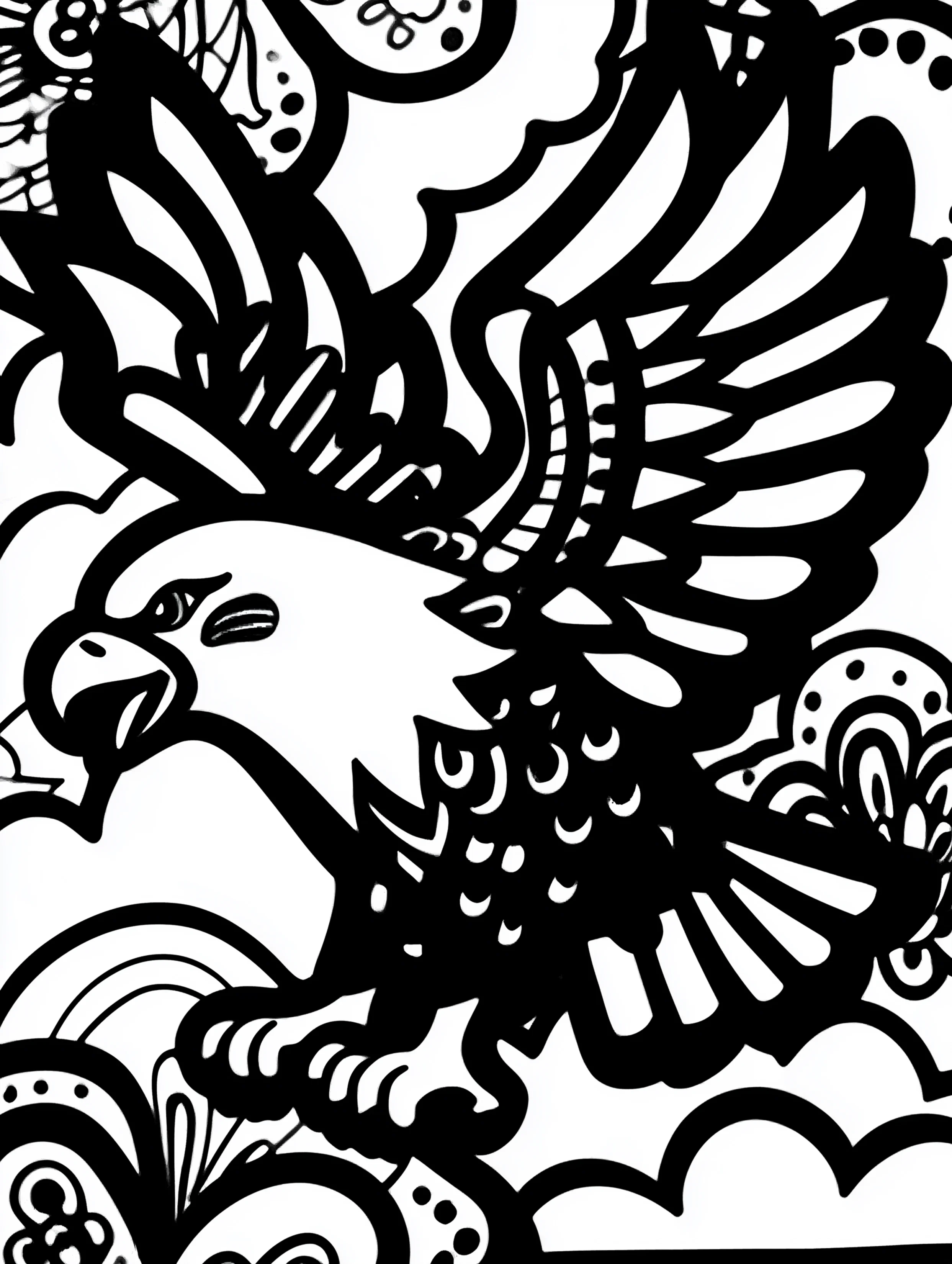 Free printable eagle coloring page for adults featuring a flying eagle drawn with thick lines